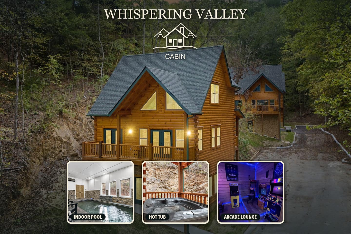 Whispering Valley Cabin with its indoor pool, hot tub, and arcade lounge